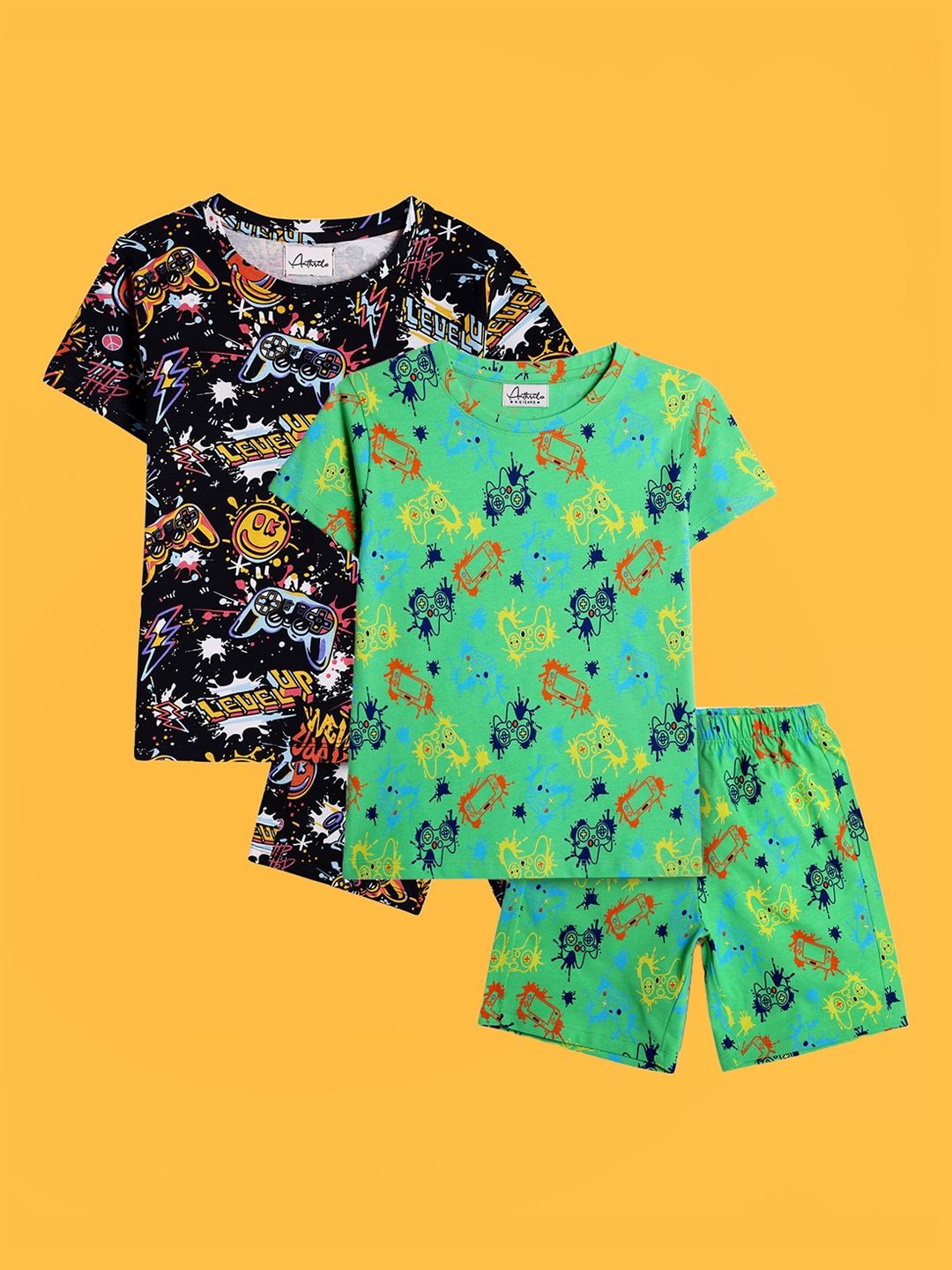 

Anthrilo Boys Pack Of 2 Graphic Printed Pure Cotton Night suit, Black