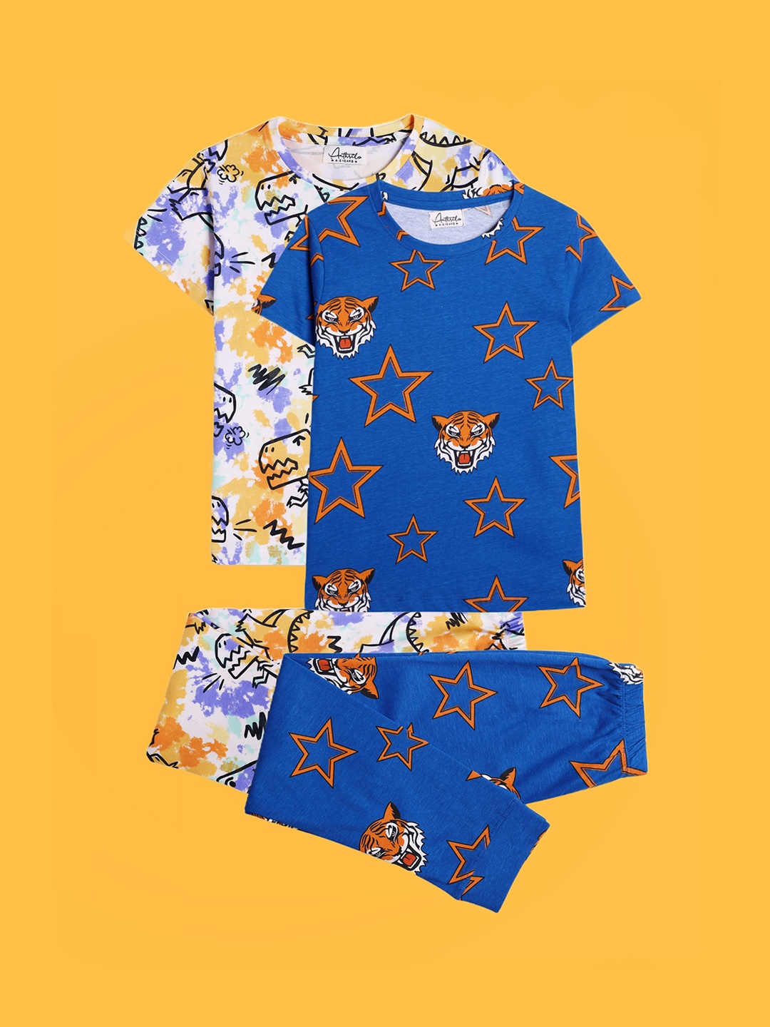 

Anthrilo Boys Pack Of 2 Graphic Printed Pure Cotton Night suit, Blue
