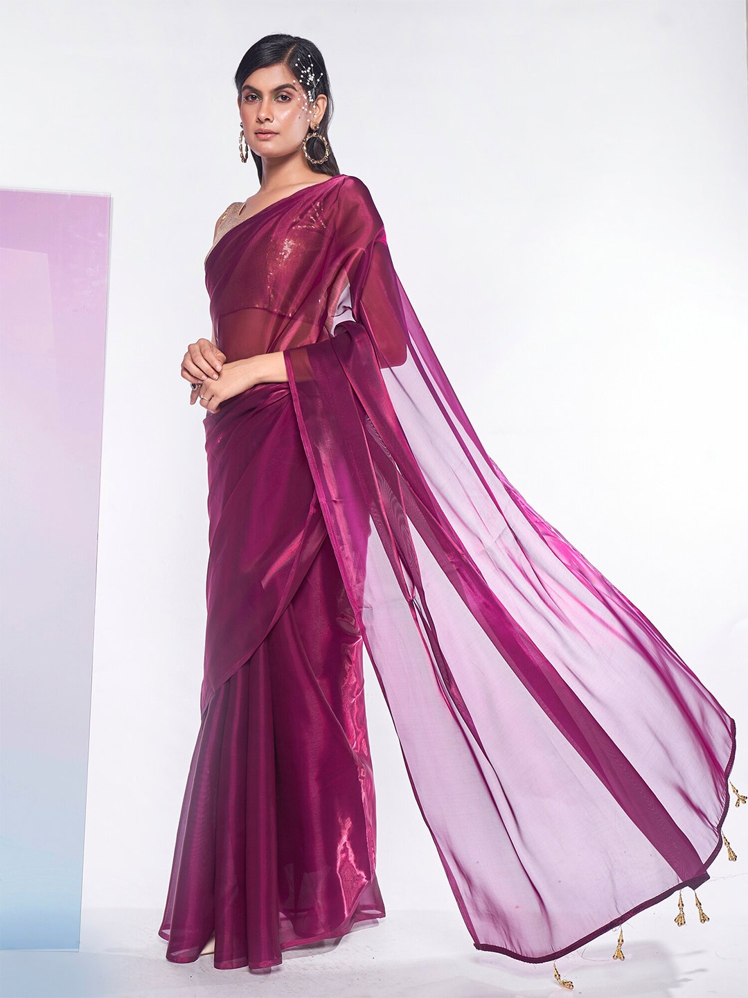 

Kalista Burgundy & Gold Organza Saree With Sequinned Work Blouse