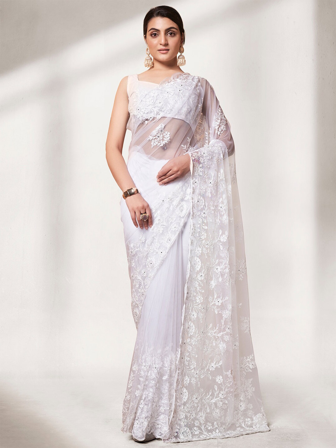 

Kalista White Floral Embroidered Net Saree With Blouse Piece