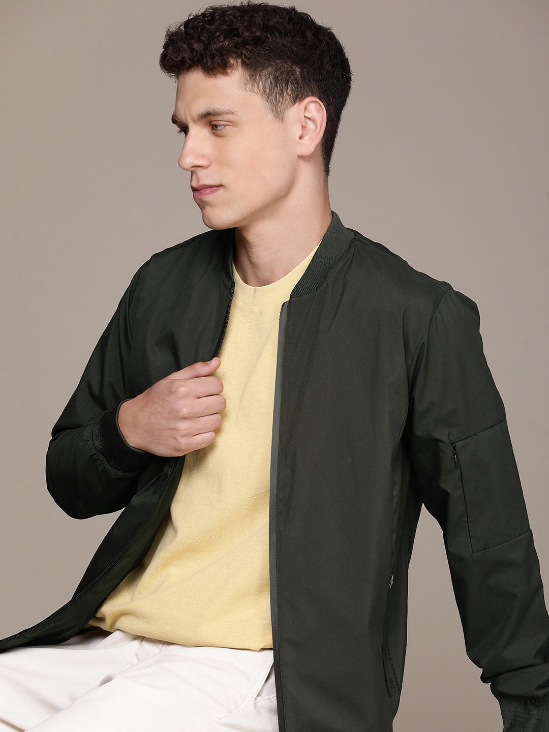 

French Connection Men Solid Bomber Jacket, Olive