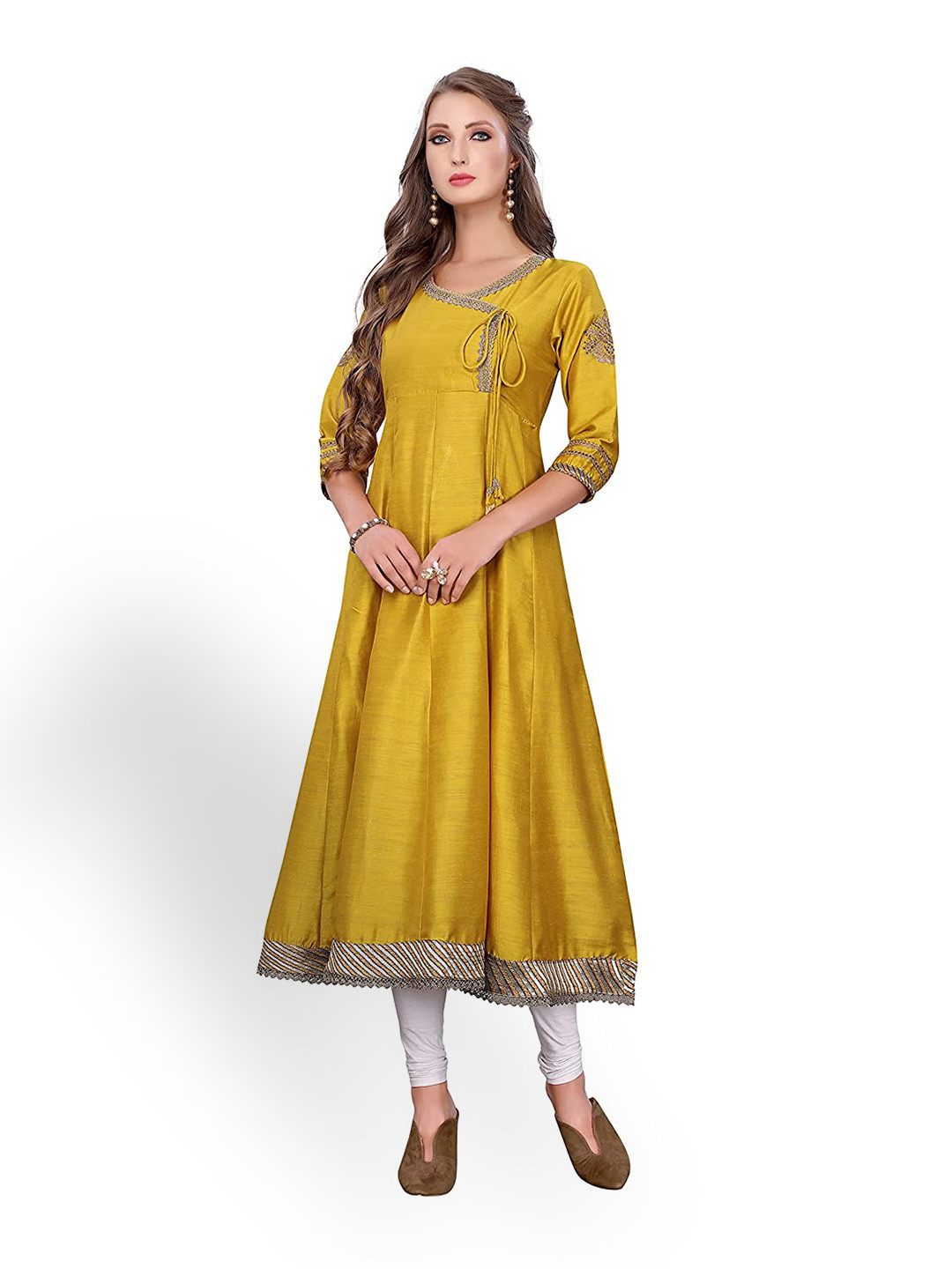 

PERFECTBLUE Ethnic Embroidered Angrakha A-Line Kurta, Mustard