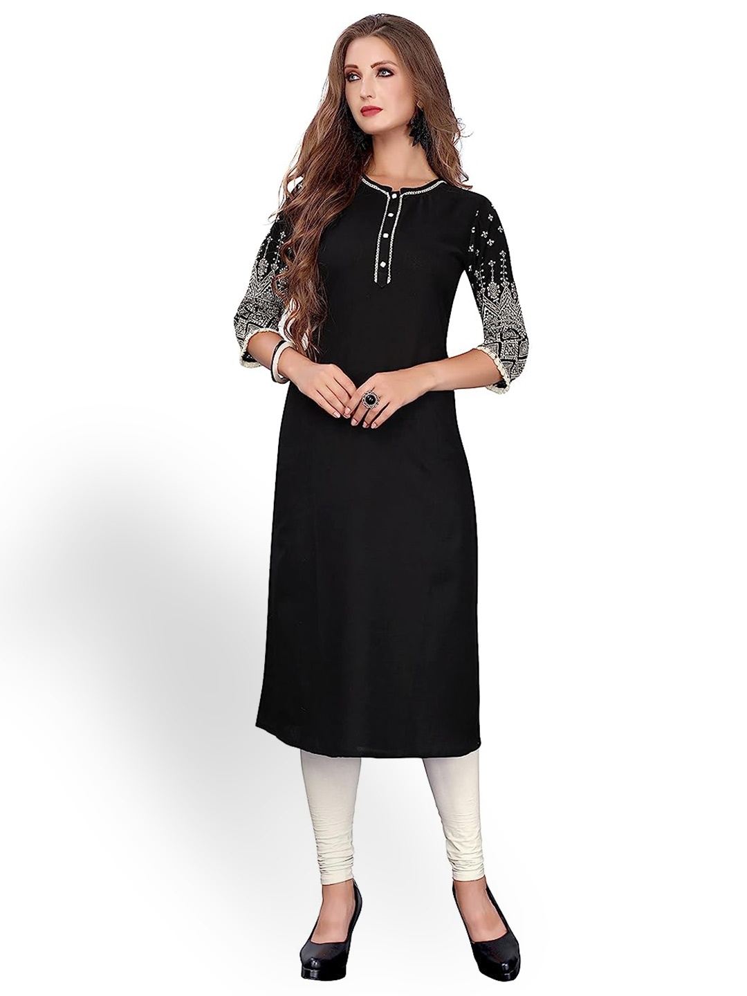 

PERFECTBLUE Ethnic Motifs Printed Straight Kurta, Black