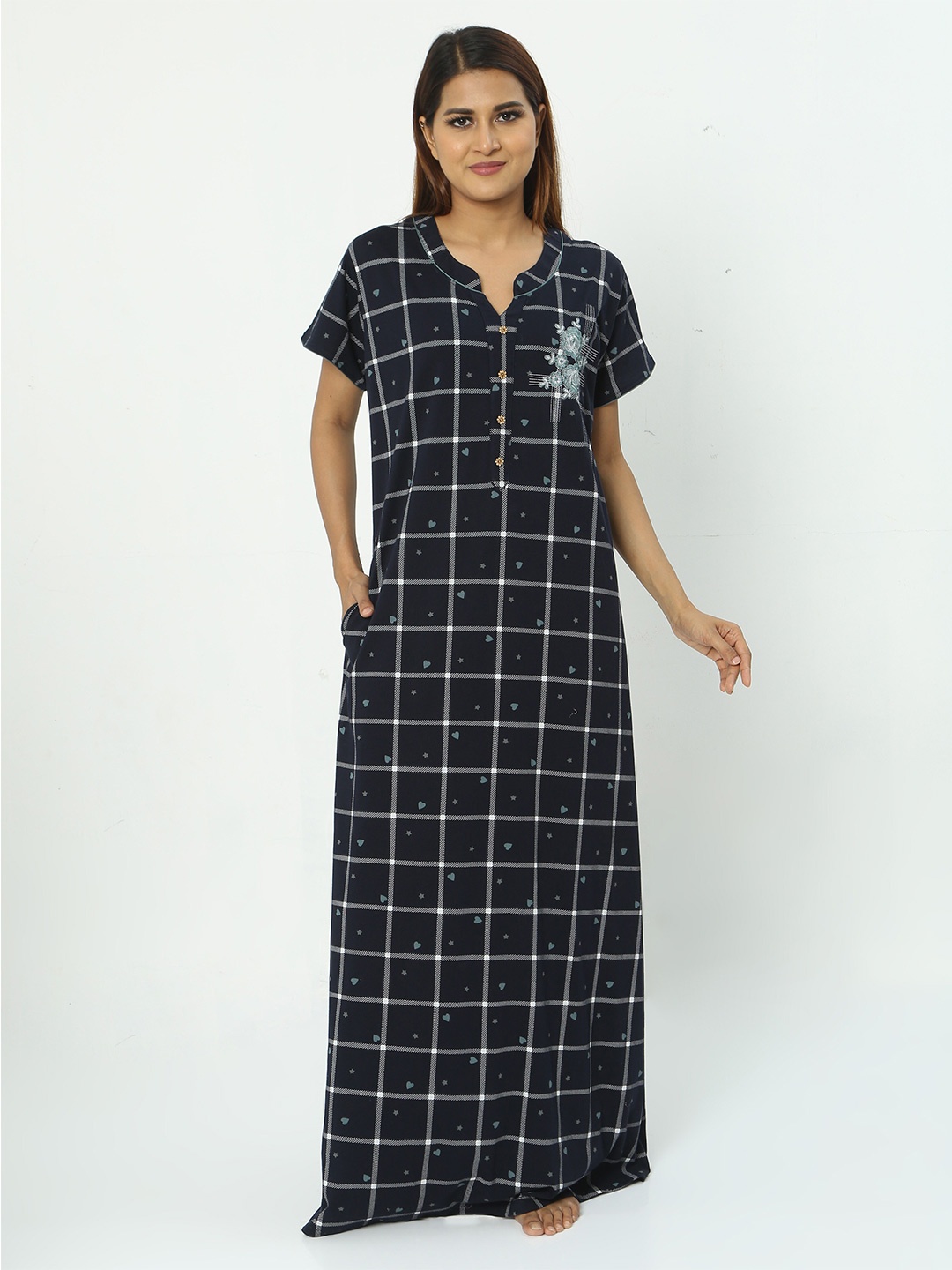 

9shines Label Checked Printed Mandarin Collar Pure Cotton Maxi Nightdress, Navy blue