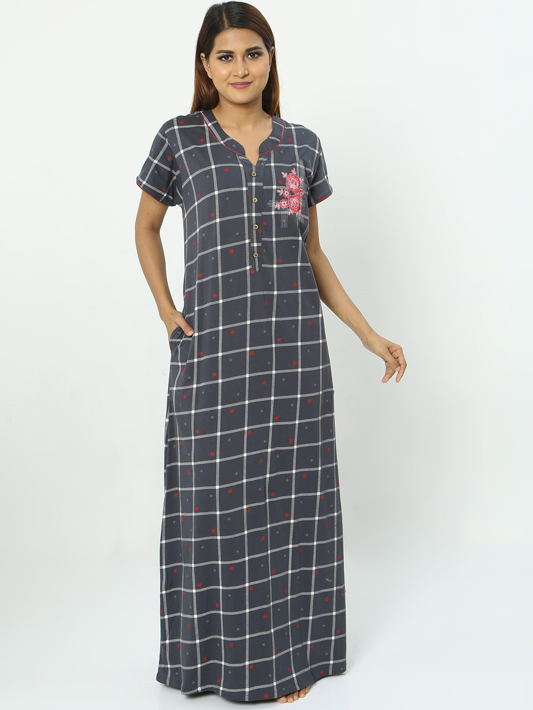 

9shines Label Checked Printed Pure Cotton Maxi Nightdress, Grey