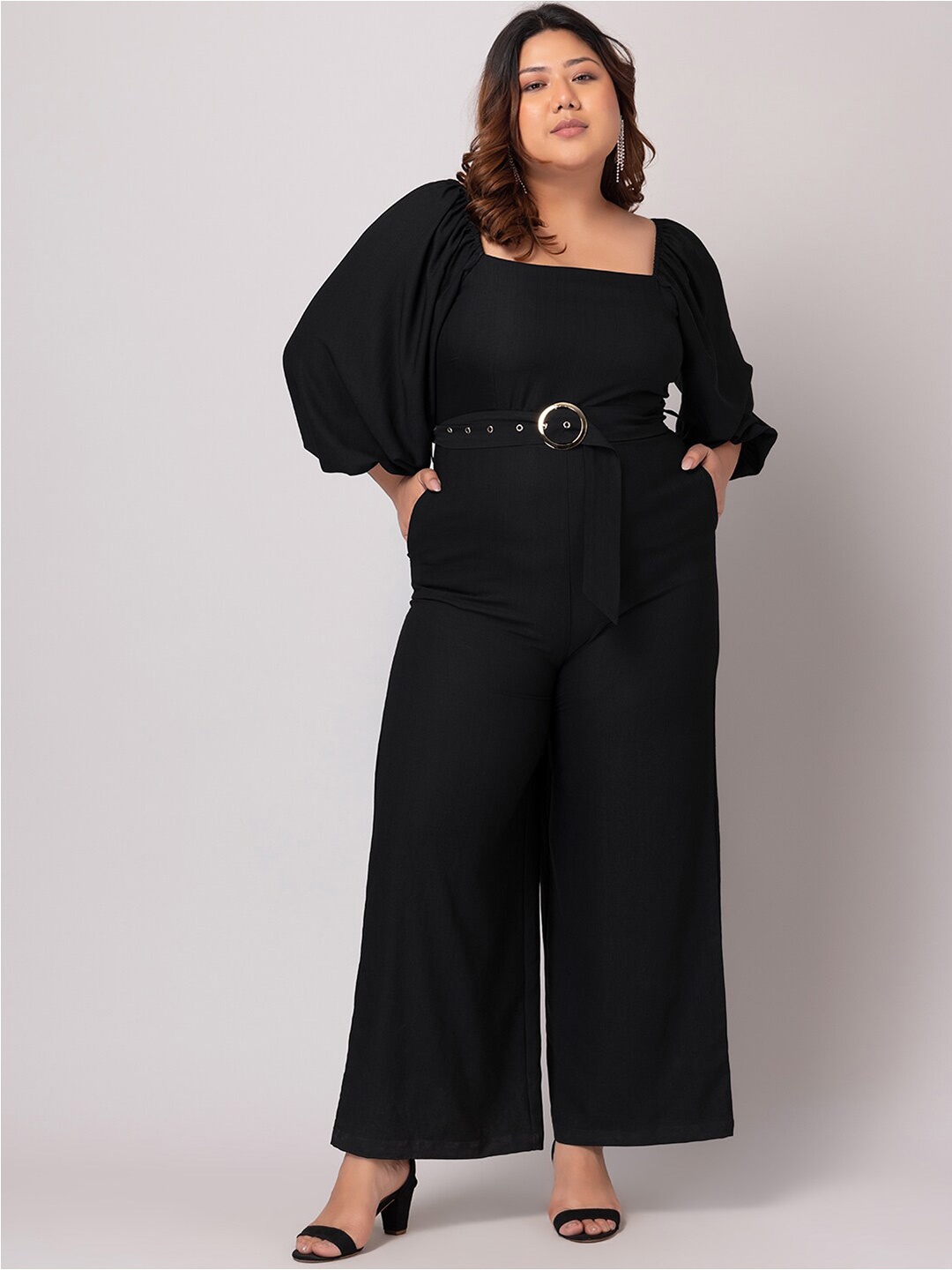 

FabAlley Curve Plus Size Square Neck Puff Sleeves Culotte Jumpsuit With Belt, Black