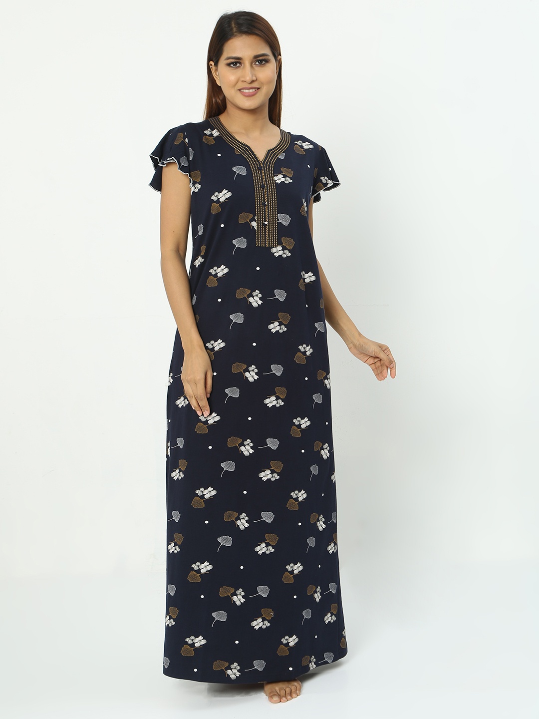 

9shines Label Floral Printed Pure Cotton Maxi Nightdress, Navy blue