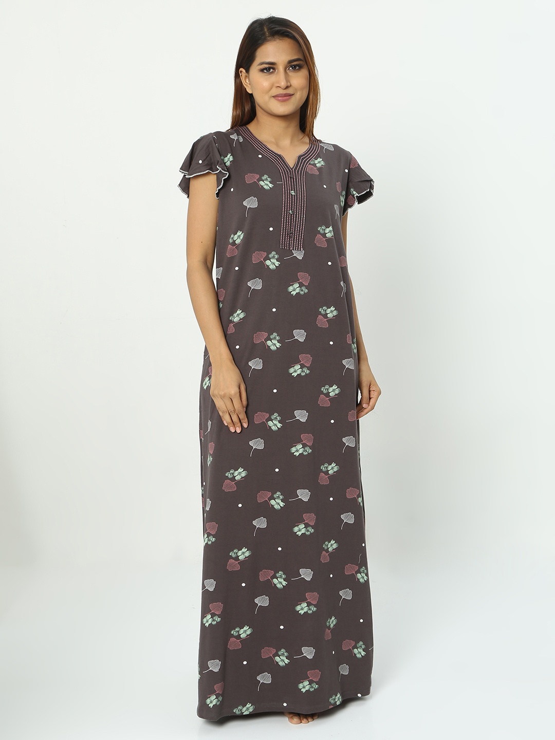 

9shines Label Floral Printed Pure Cotton Maxi Nightdress, Brown