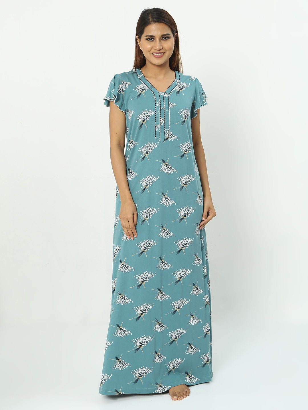 

9shines Label Floral Printed Pure Cotton Maxi Nightdress, Green