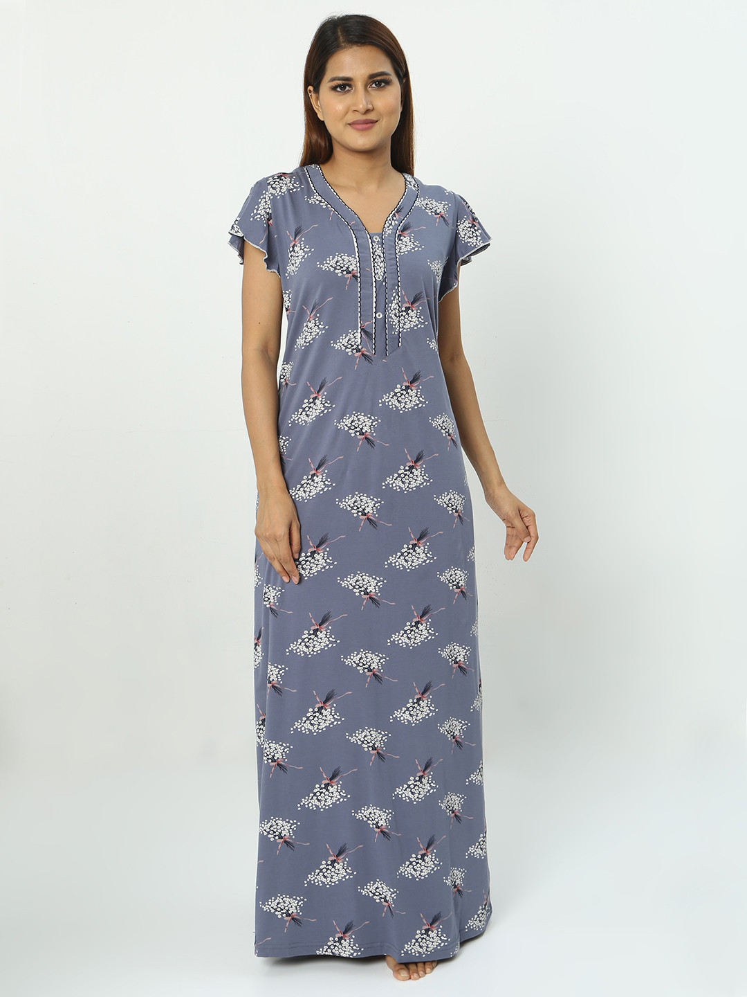 

9shines Label Floral Printed Pure Cotton Maxi Nightdress, Grey