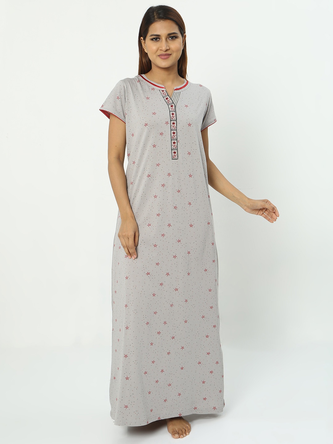 

9shines Label Conversational Printed Maxi Pure Cotton Nightdress, Grey