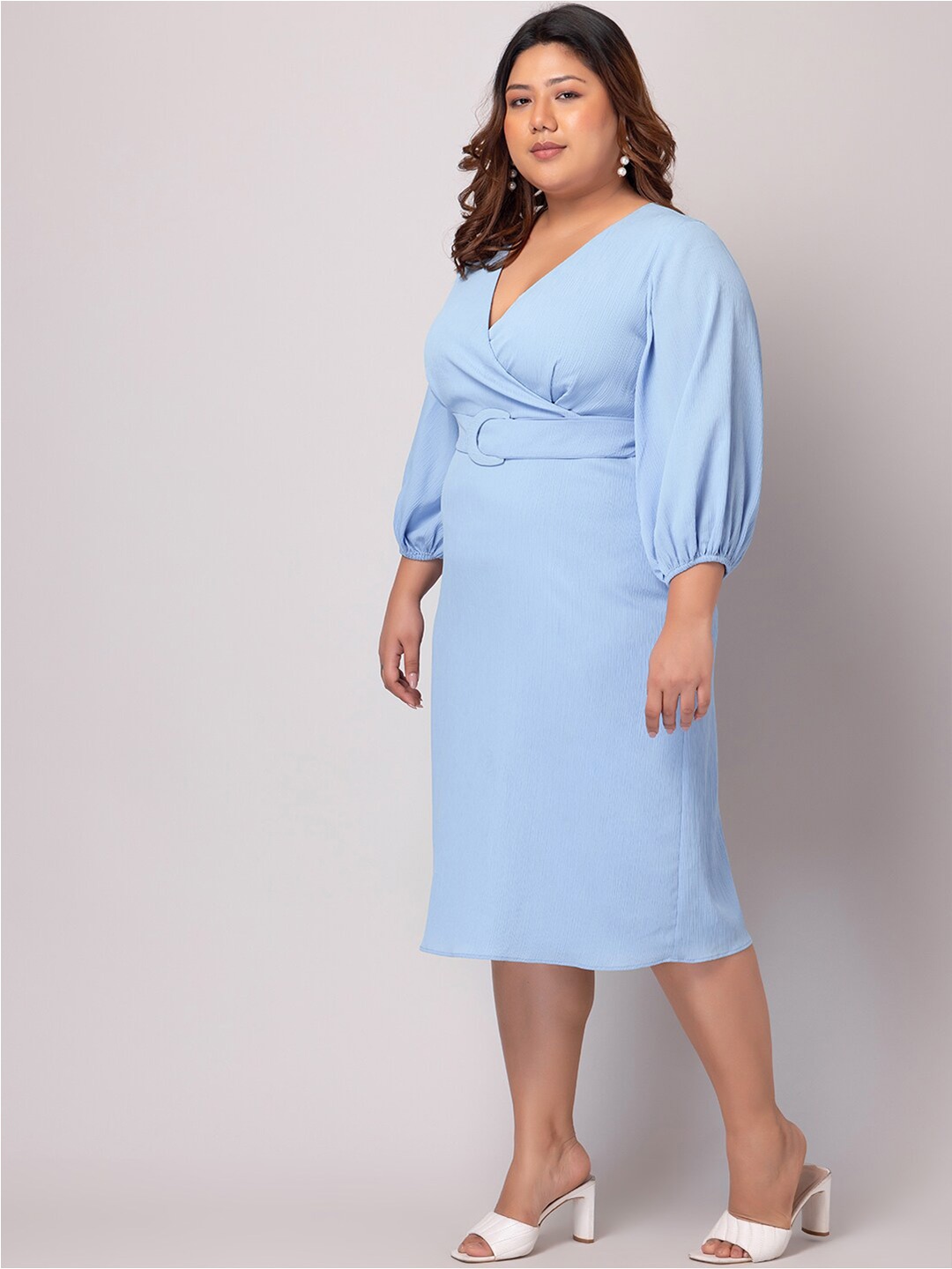 

FabAlley Curve Plus Size V-Neck Puff Sleeve Sheath Midi Dress, Blue