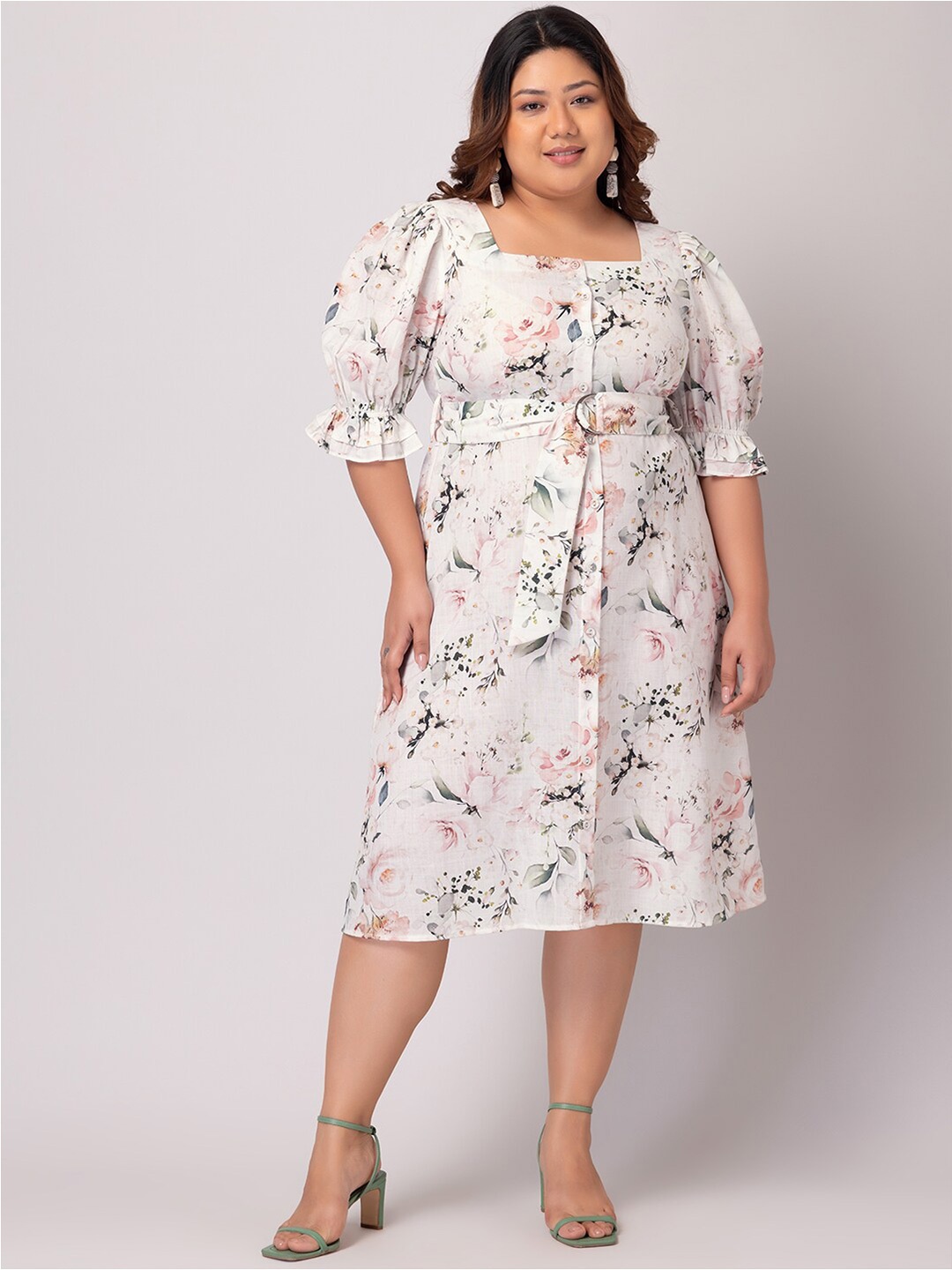 

FabAlley Curve Plus Size Floral Print Midi Dress With Belt, White