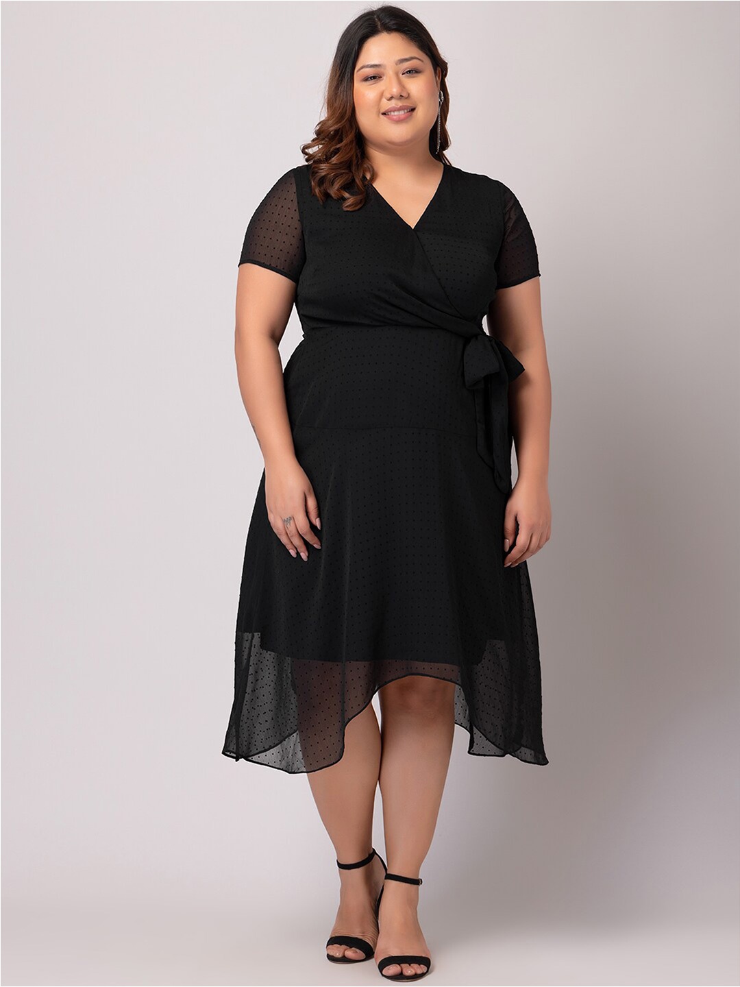 

FabAlley Curve Plus Size Dobby Lurex High Low Wrap Dress, Black