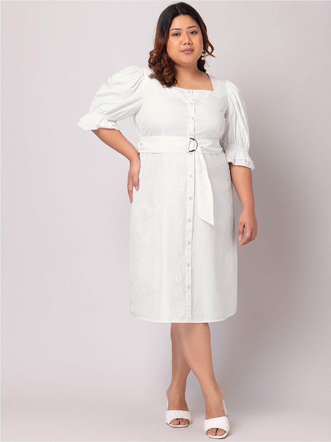 

FabAlley Curve Plus Size Ruffled Sleeve Midi Dress With Belt, White