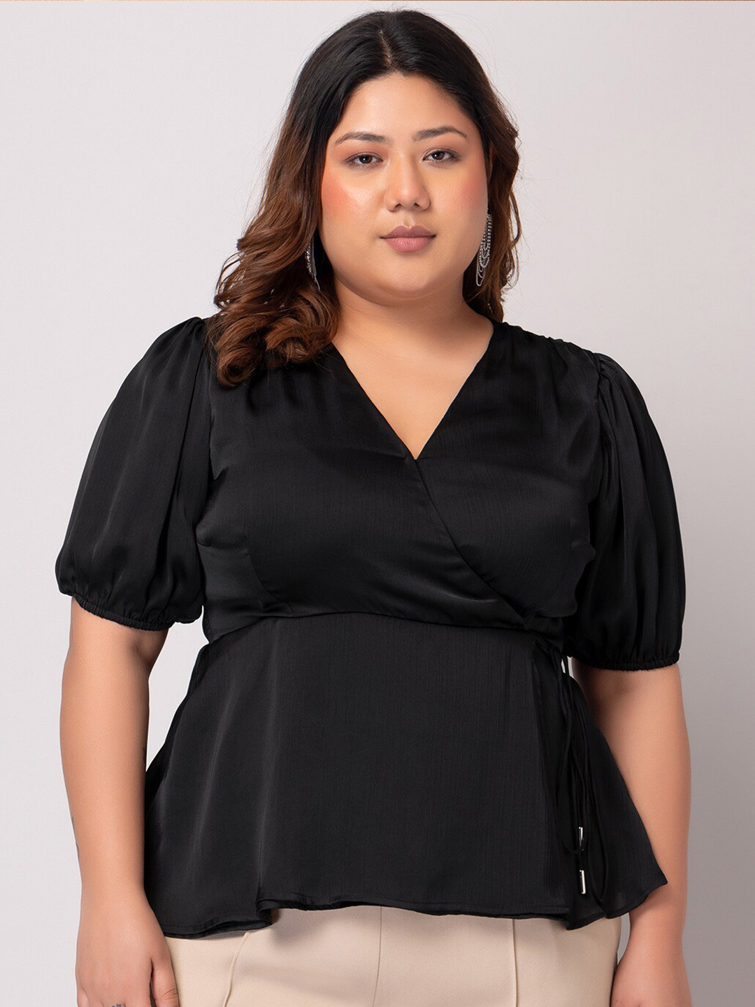 

FabAlley Curve V-Neck Puff Sleeves Tie-Ups Wrap Top, Black