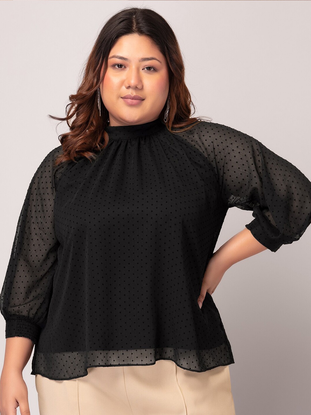 

FabAlley Curve Polka Dots Printed High Neck Raglan Sleeves Top, Black