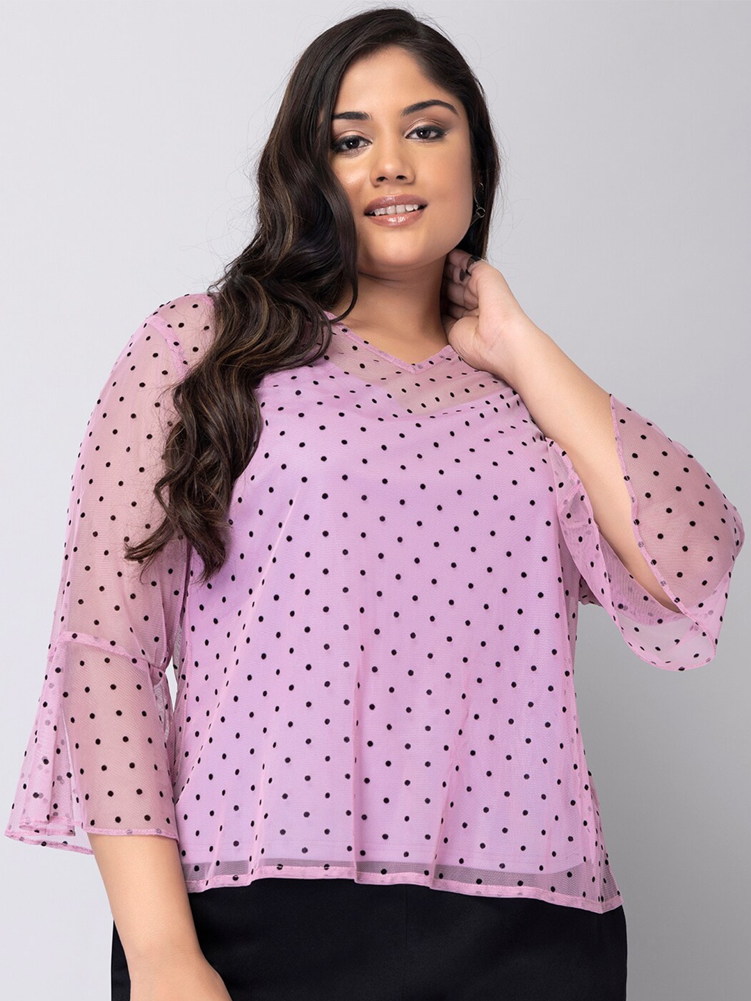 

FabAlley Curve Polka Dots Printed Bell Sleeves Top With Camisole, Purple