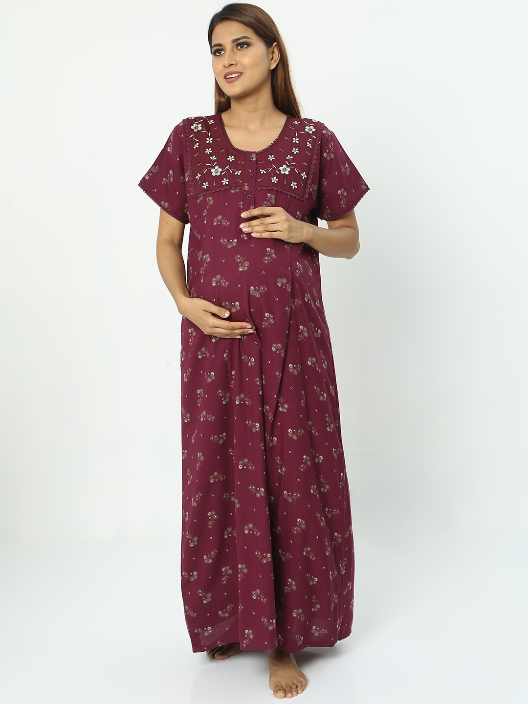 

9shines Label Printed Maxi Maternity & Feeeding Nightdress, Purple