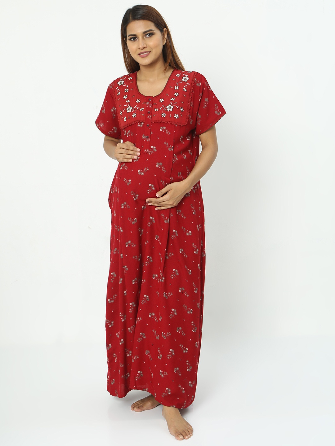 

9shines Label Floral Printed Maternity Maxi Nightdress, Red