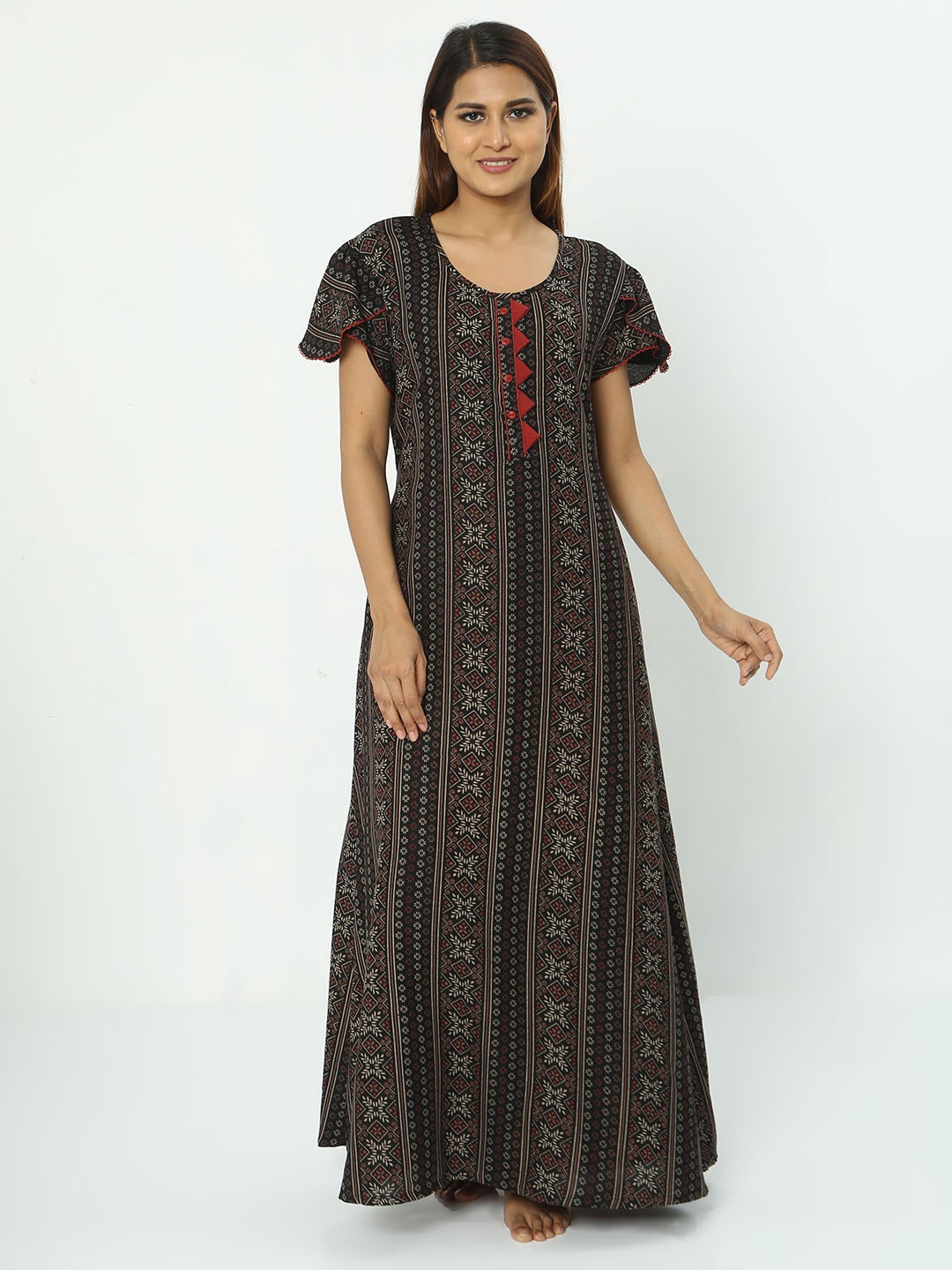 

9shines Label Ethnic Printed Maxi Nightdress, Black