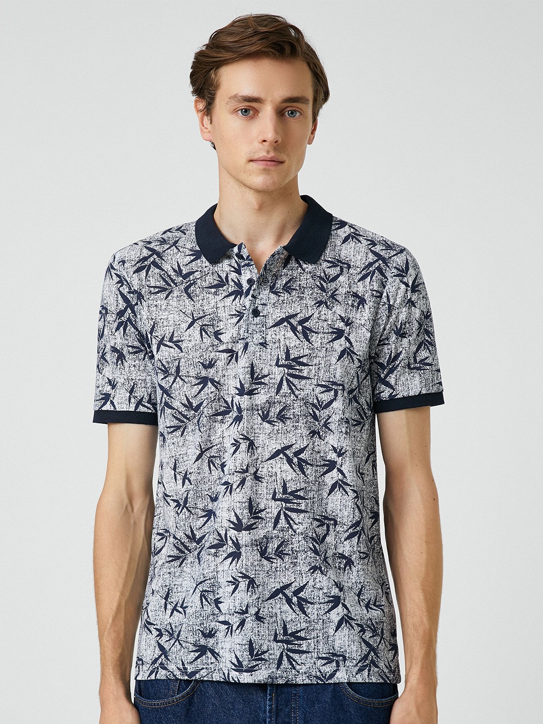 

Koton Floral Printed Polo Collar T-shirt, Navy blue