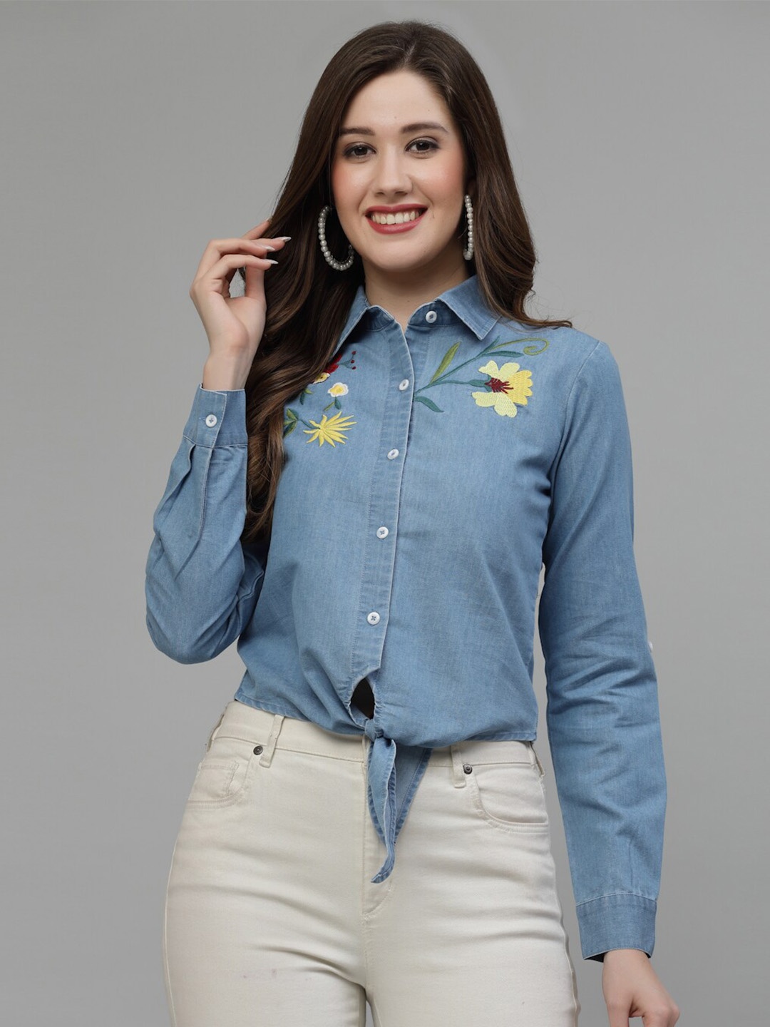 

Wool Trees Spread Collar Embroidered Denim Shirt, Blue