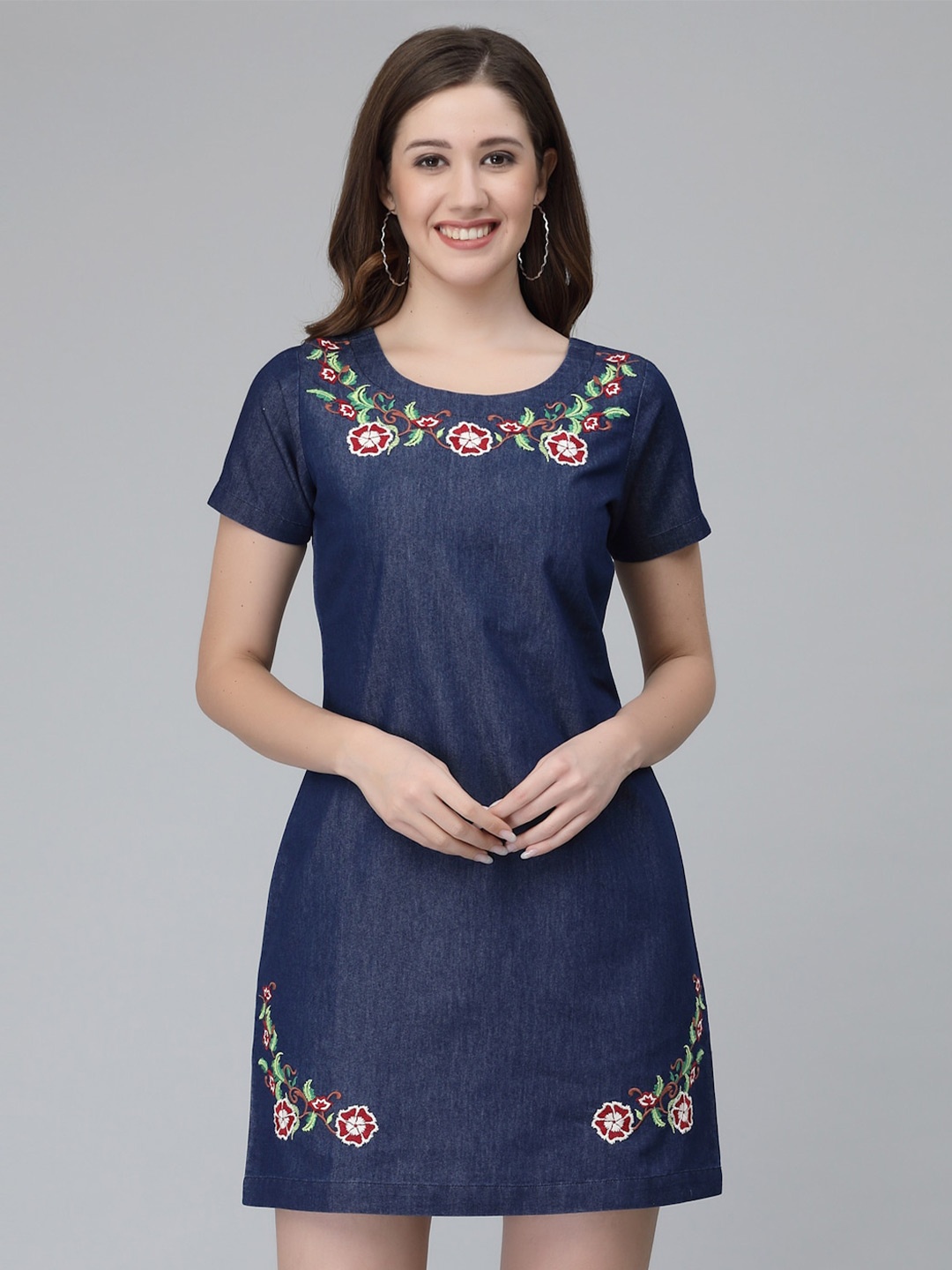 

Wool Trees Floral Embroidered Denim A-Line Mini Dress, Navy blue