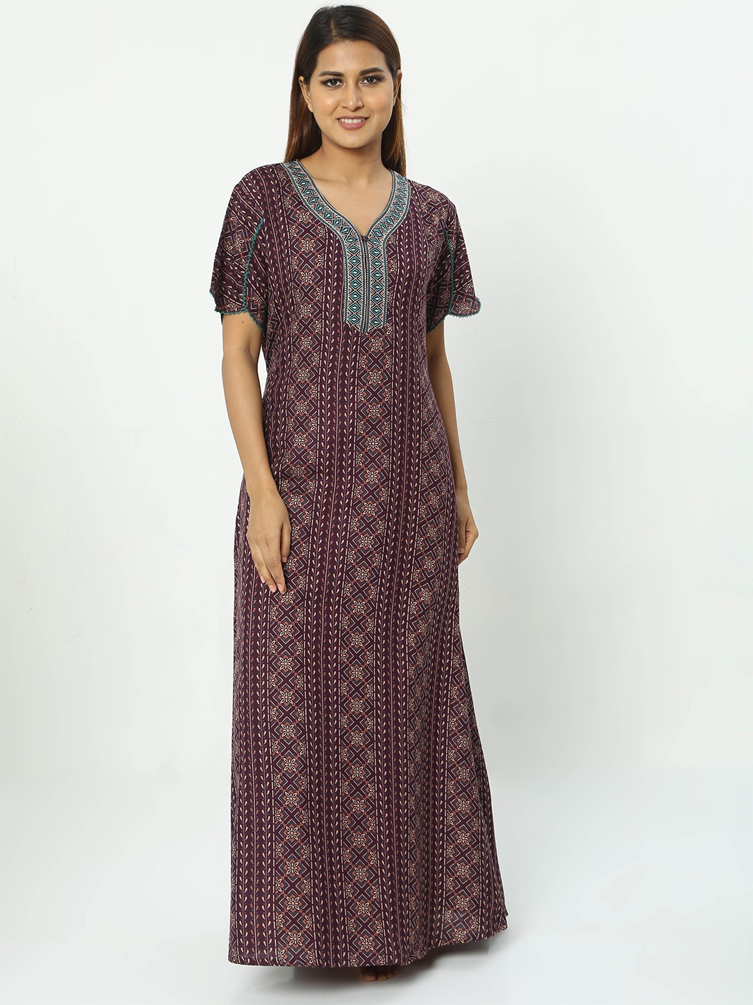 

9shines Label Ethnic Printed Maxi Nightdress, Maroon