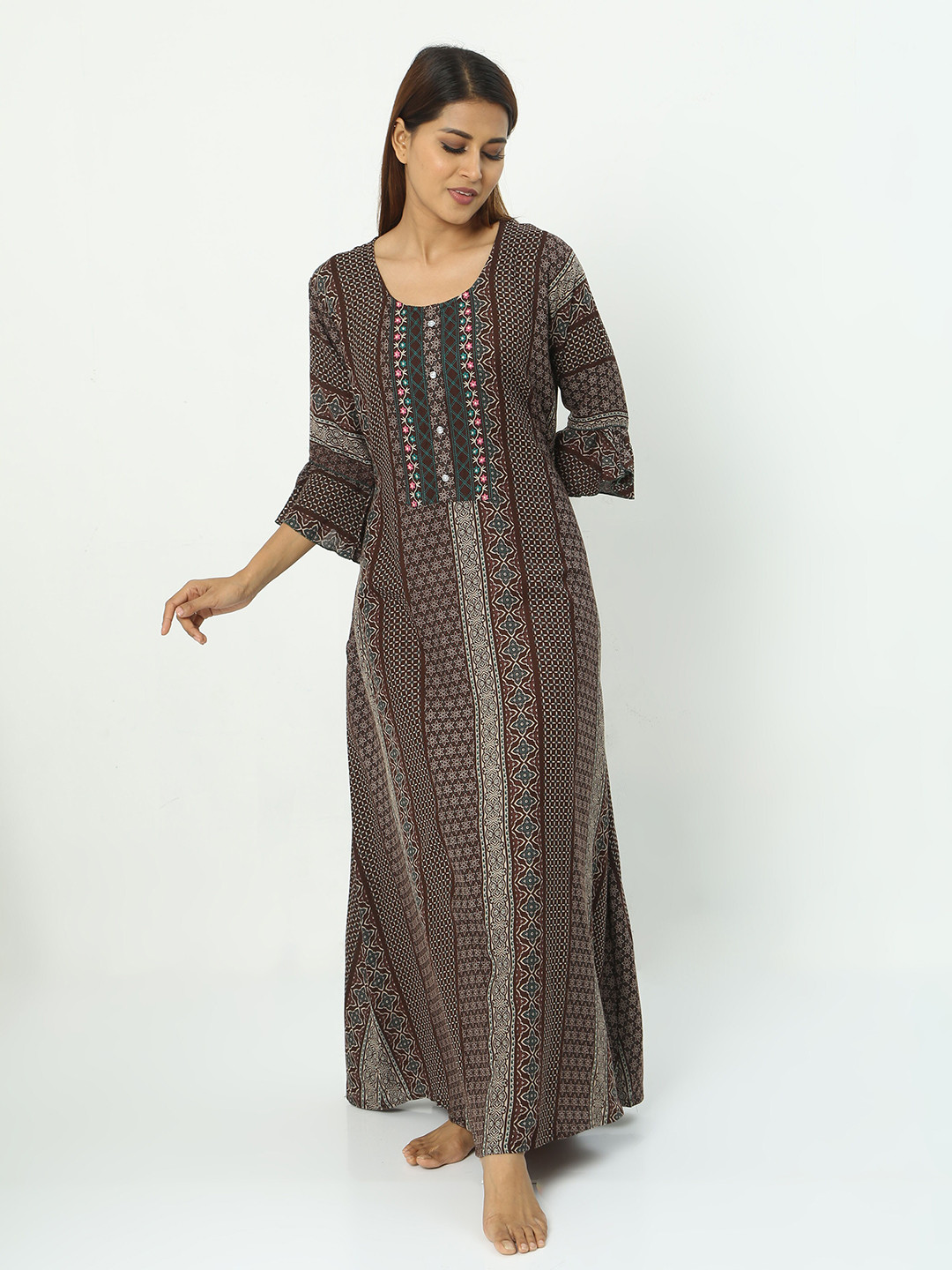 

9shines Label Khaki Floral Printed Maxi Nightdress, Brown