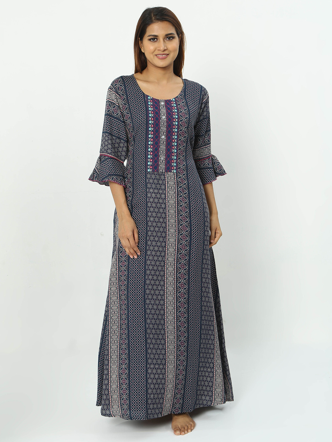 

9shines Label Ethnic Motifs Printed Maxi Nightdress, Blue