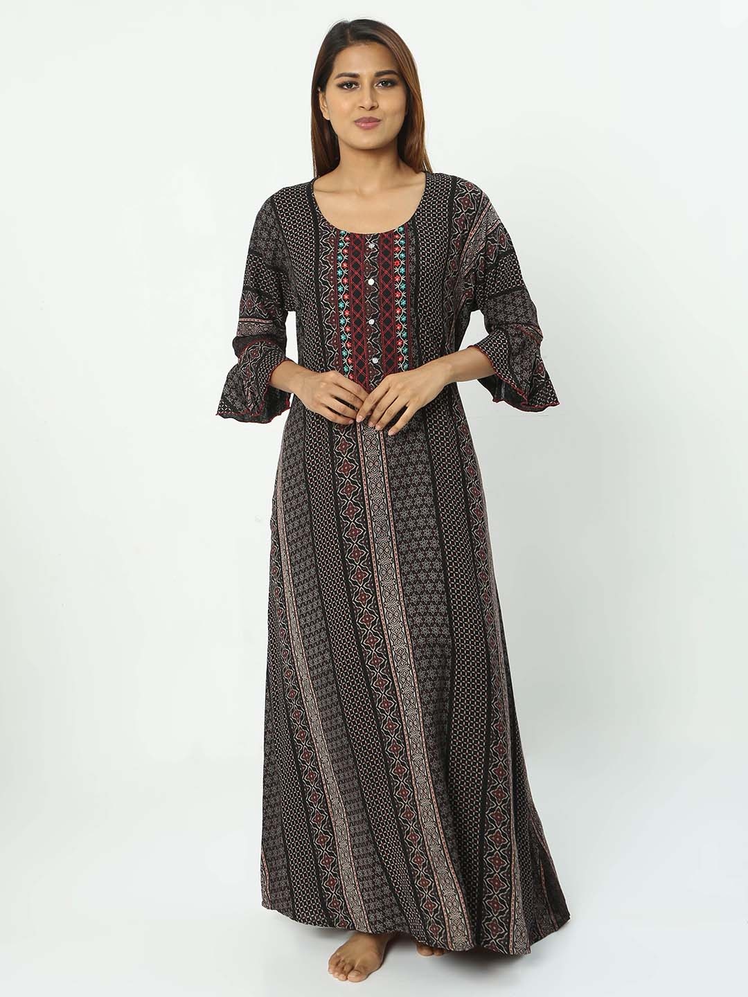 

9shines Label Ethnic Motifs Printed Maxi Nightdress, Black