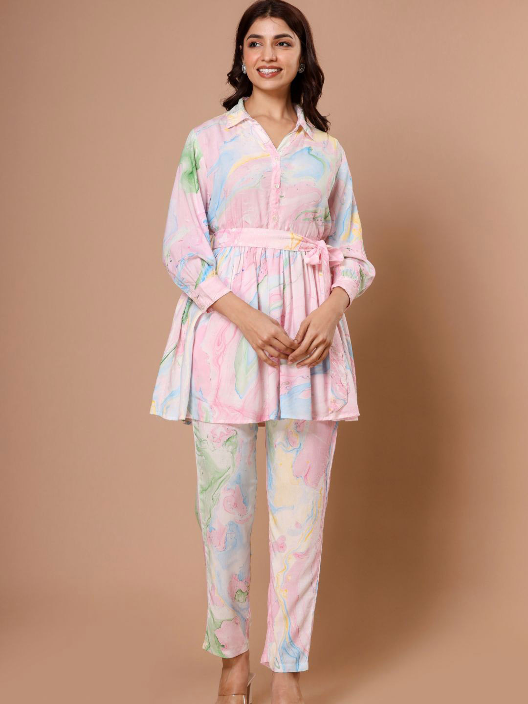 

Zolo Label Marble Printed Pure Cotton Tunic With Trouser Co-Ords, Pink