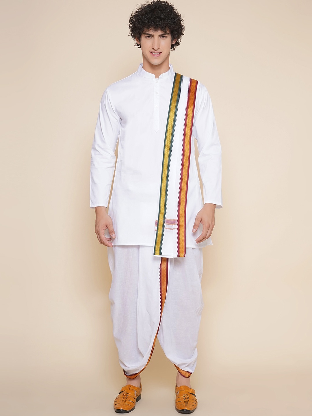 

Sethukrishna Mandarin Collar Zari Pure Cotton Kurta With Dhoti Pants & With Angavastram, White