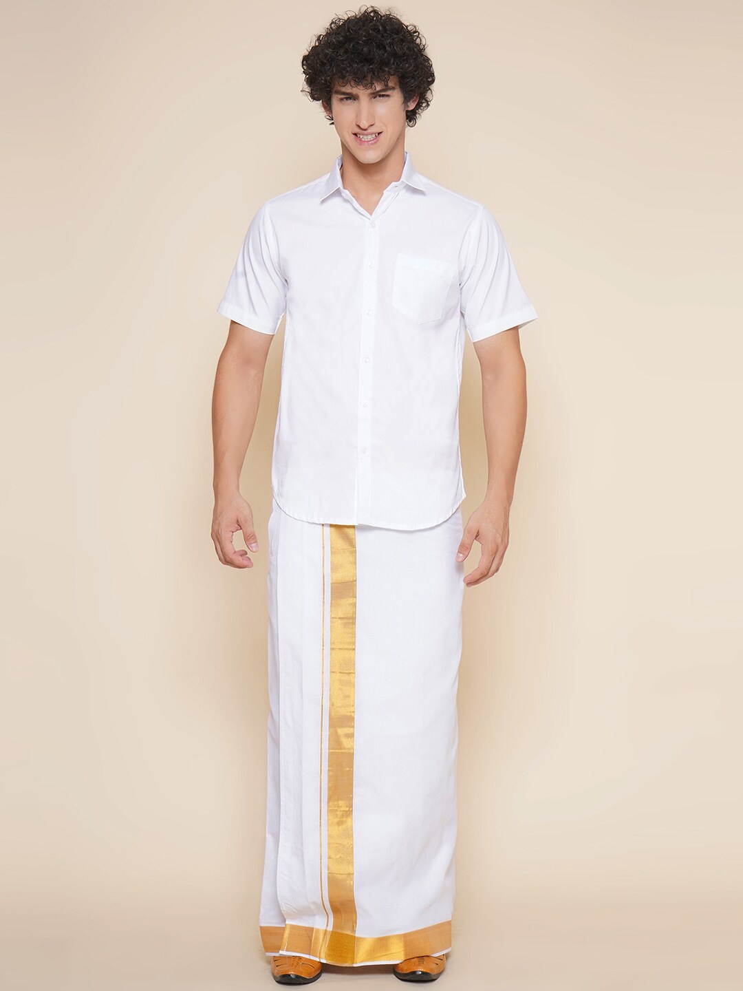 

Sethukrishna Ethnic Pure Cotton Shirt With Veshti, White