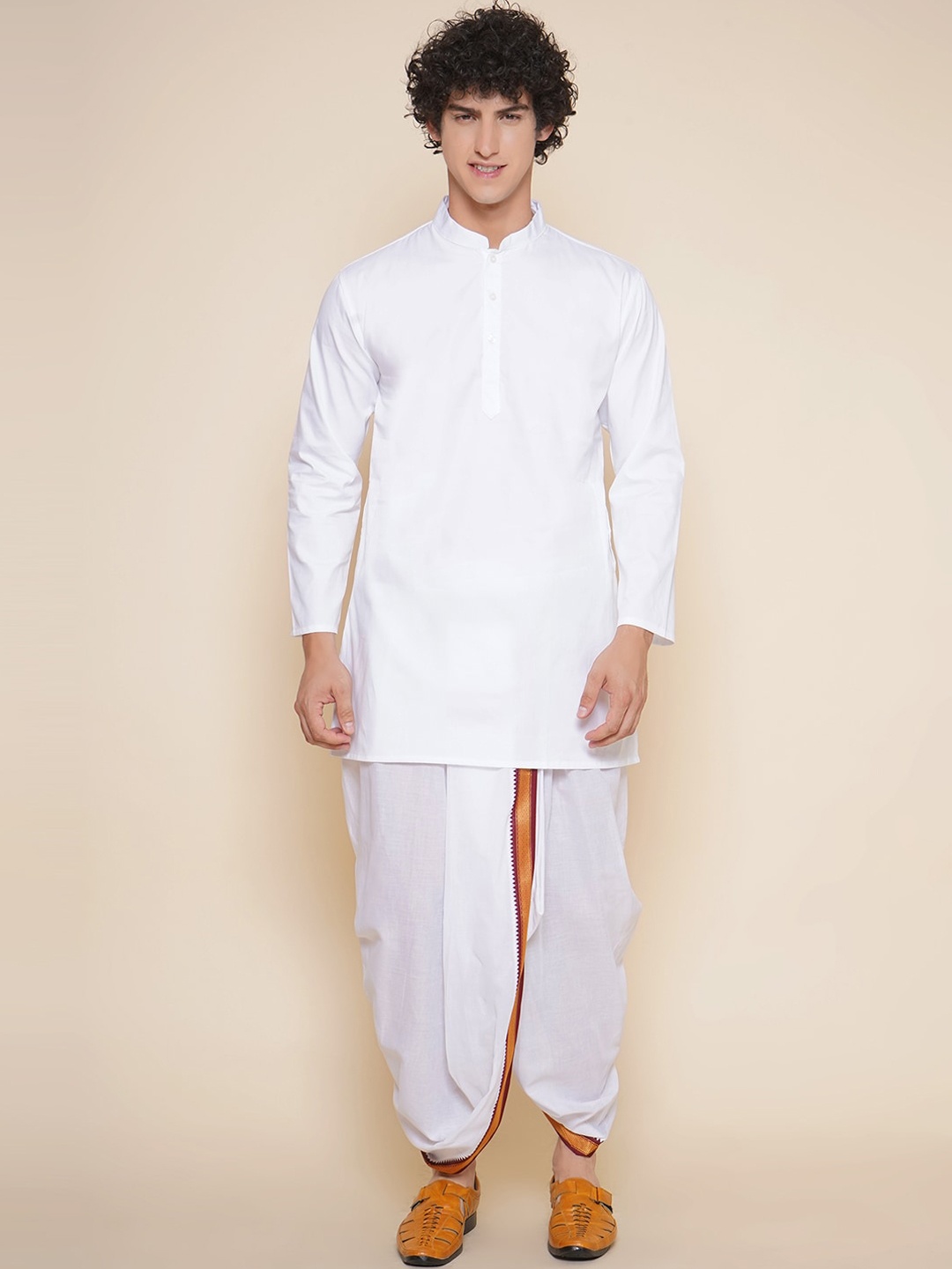 

Sethukrishna Mandarin Collar Zari Pure Cotton Kurta With Dhoti Pants, White