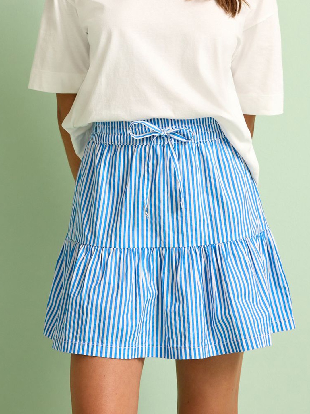

NEXT Pure Cotton A-line Striped Casual Mini Skirt, Blue