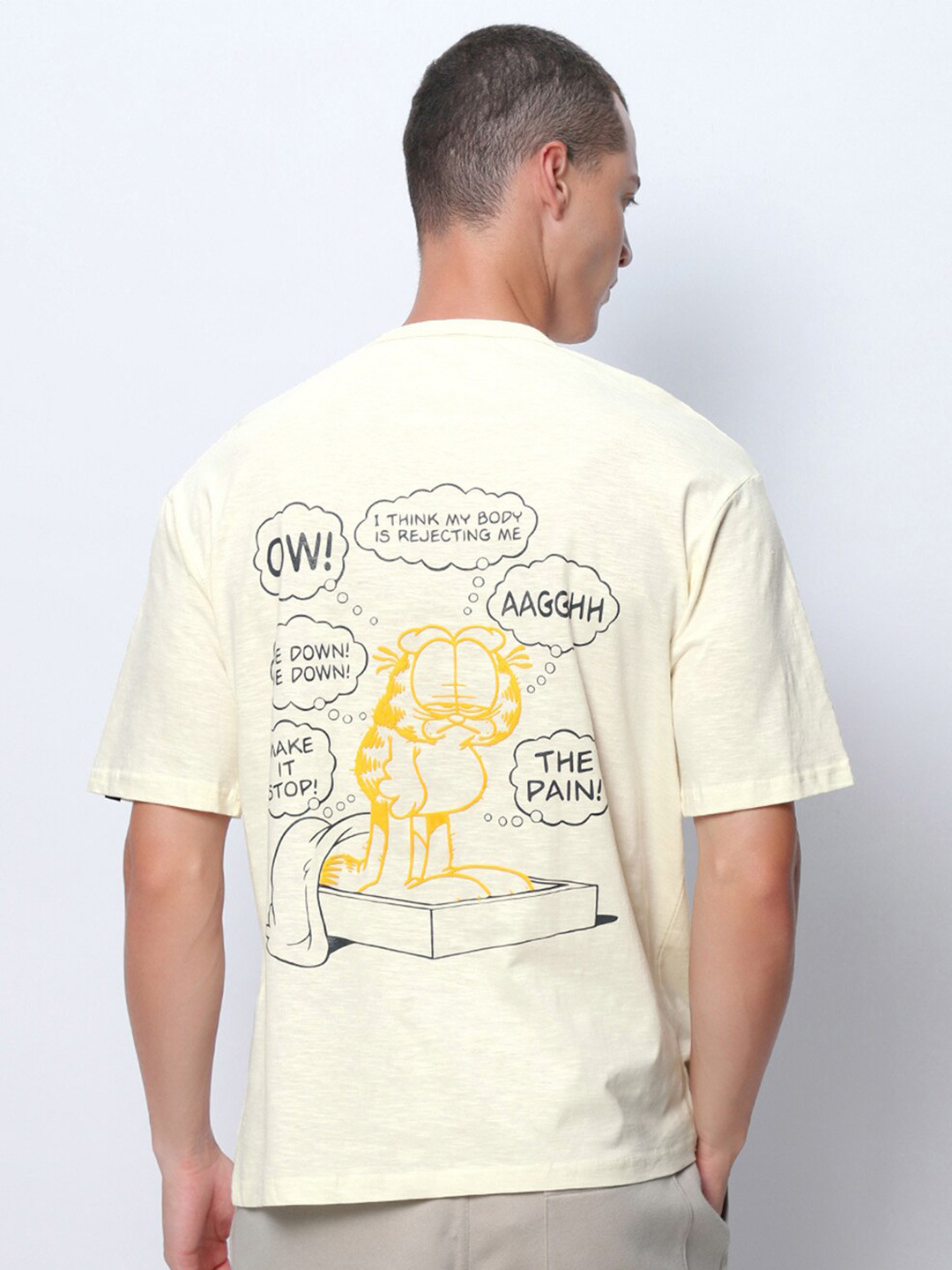 

Bewakoof Air 1.0 Gardenia Rise & Shine Garfield Graphic Printed Oversized T-shirt, Yellow