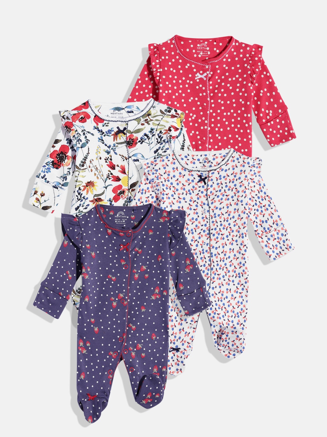 

NEXT Infant Girls POPPY FRUITS Pack of 4 Printed Pure Cotton Sleepsuit, Pink