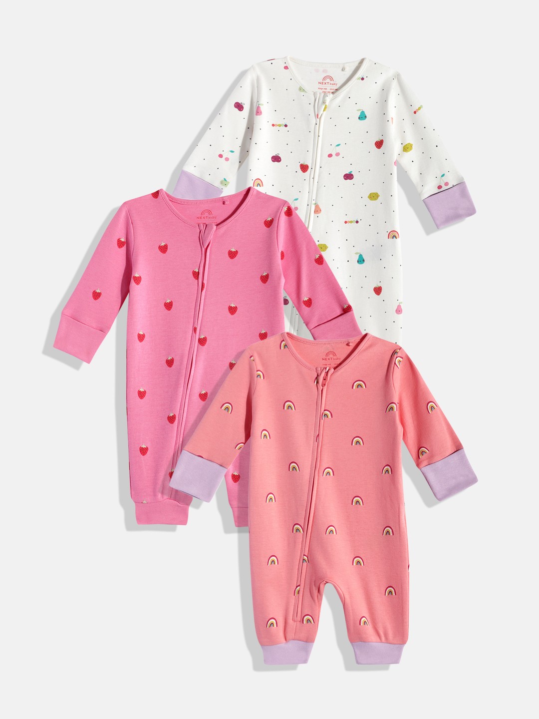 

NEXT Infant Girls Pack Of 3 Printed Knitted Pure Cotton Sleepsuits, White