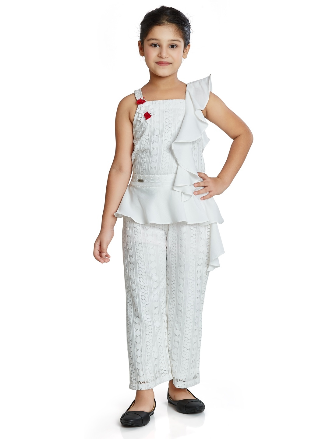 

Peppermint Girls Self Design One Shoulder Basic Jumpsuit, Off white