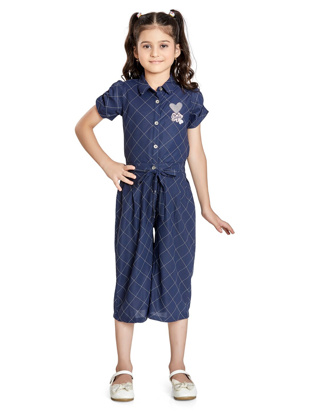 

Peppermint Girls Checked Capri Jumpsuit, Navy blue