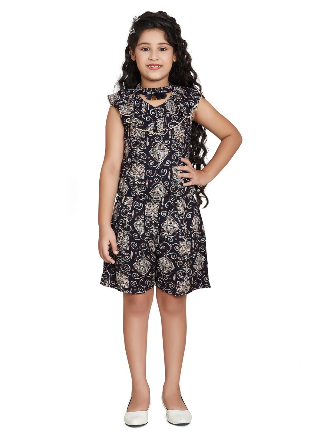 

Peppermint Girls Printed Ruffles Playsuit, Navy blue