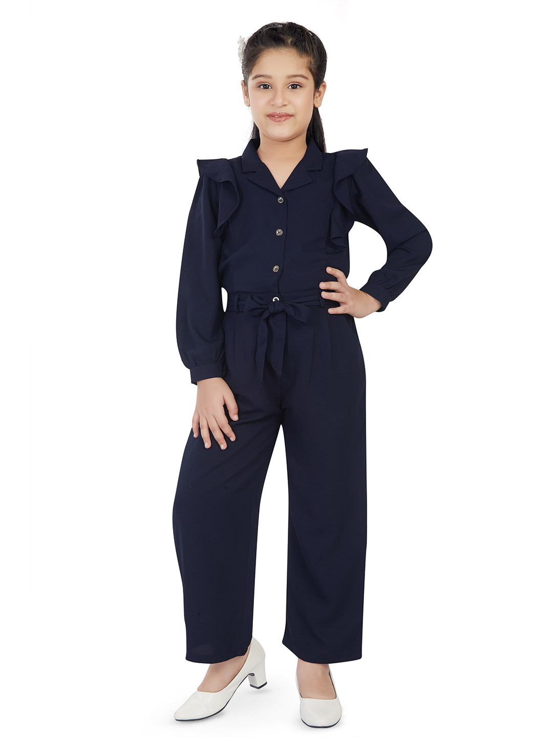 

Peppermint Girls Camp Collar Ruffed Jumpsuit, Navy blue