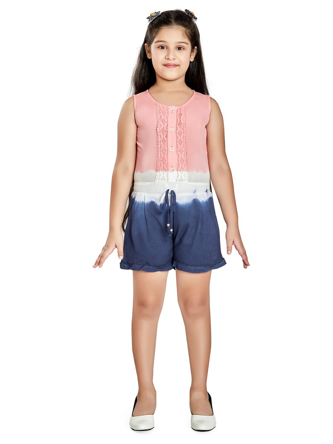 

Peppermint Girls Self Design Lace Inserts Cotton Playsuit, Pink
