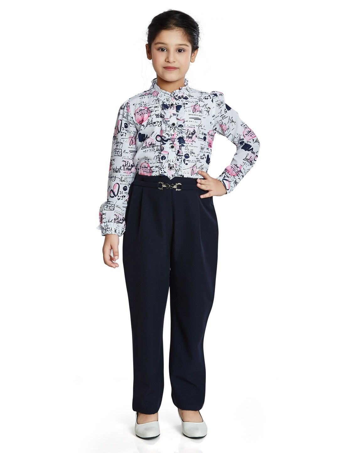 

Peppermint Girls Printed Ruffle Top With Trousers, Navy blue