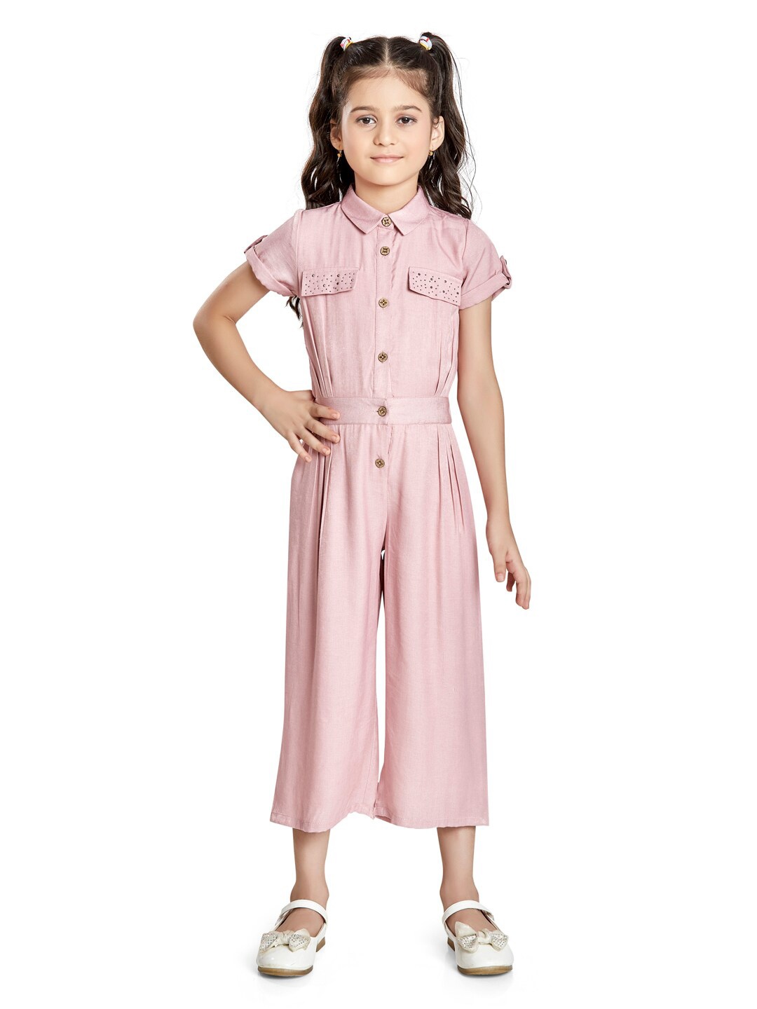 

Peppermint Girls Shirt Collar Embellished Basic Jumpsuit, Peach