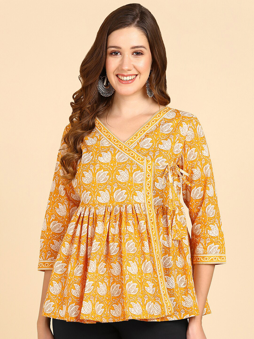 

ZNX Clothing Floral Printed V-Neck Cotton Wrap Top, Yellow