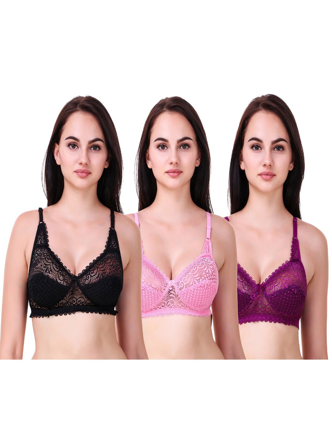 

Piylu Pack Of 3 Floral Lace Cotton Everyday Bra With Full Coverage Non-Wired Non Padded, Black