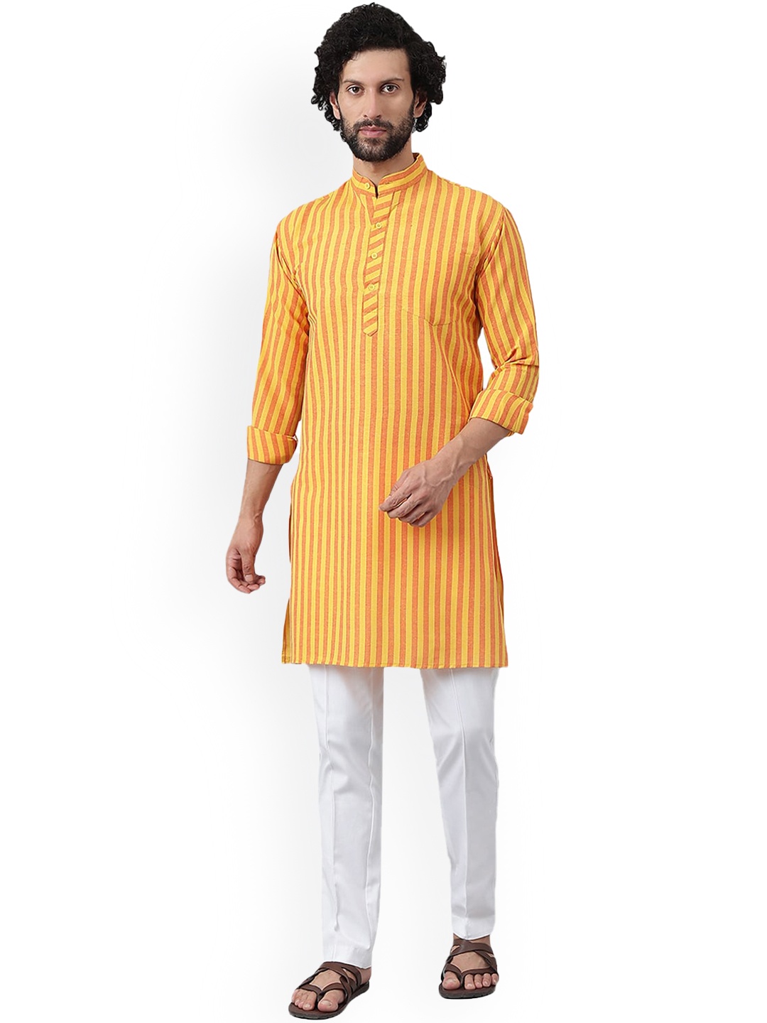 

RIAG Striped Mandarin Collar Long Sleeves Cotton Kurta, Yellow